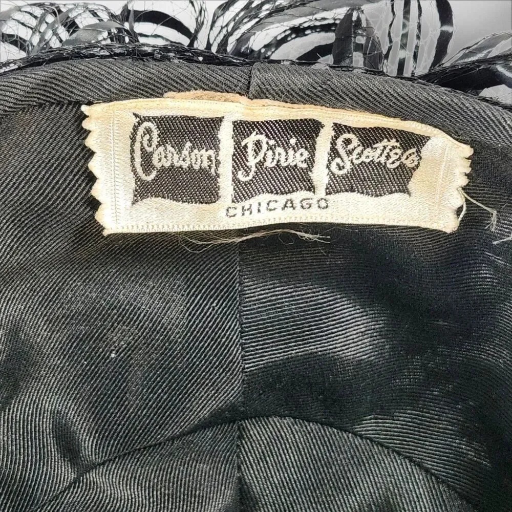 Vintage 1950s Carson Pirie Scott Black Cellophane Straw Bubble Toque Turban Hat